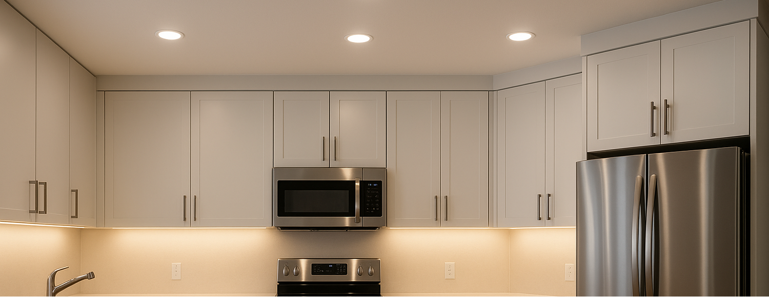  4" slim LED light on kitchen ceiling  and LED under carbinet light under kitchen carbinet in a modern home