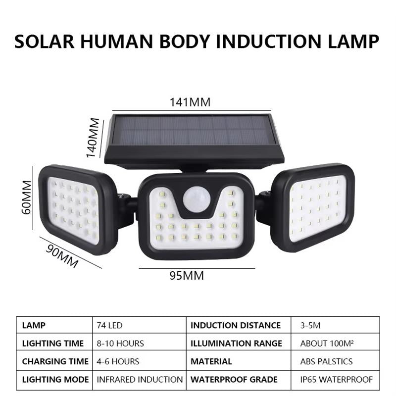 Solar Powered IP65 2400mA Adjustable 3 Head Motion Sensor Night Light