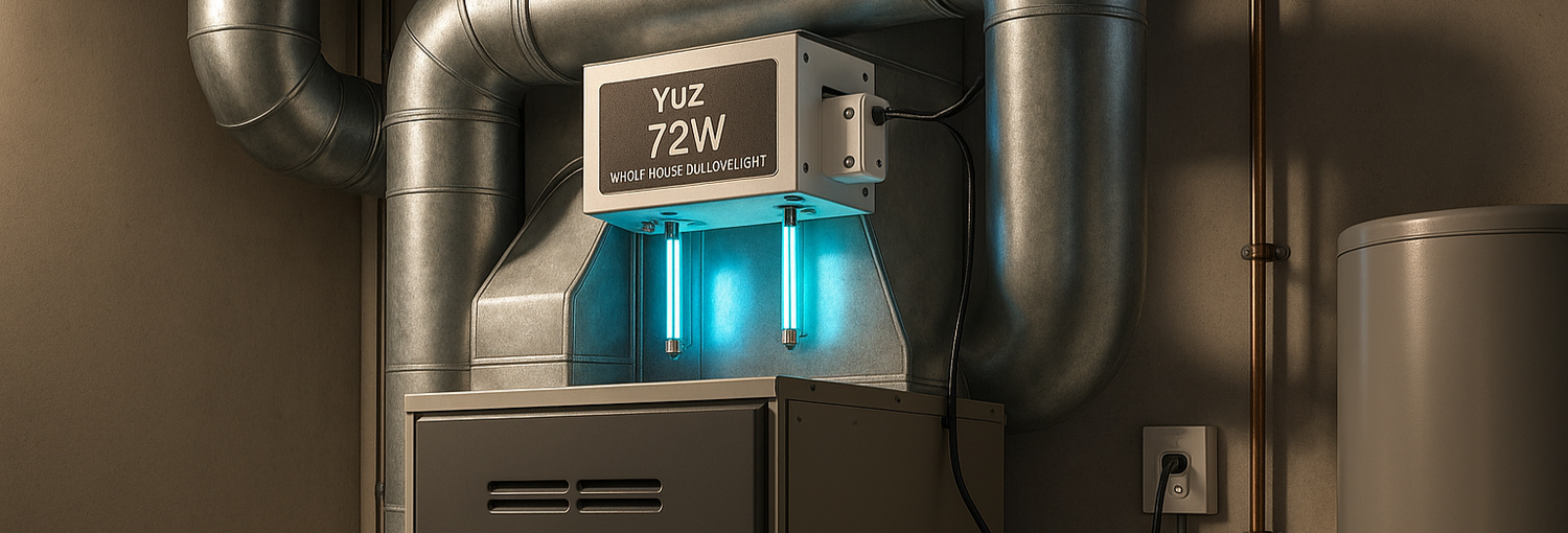 A modern home basement furnace room, with clean concrete or nicely finished walls, ductwork visible. Show the YUZ 72W Whole House Dual UVC Light in Duct installed into the HVAC duct connected to the furnace. Lighting is realistic, shadows, the UVC light fixture inserted per product image (dual lamps visible through the duct), wires and installation details visible. The setting is modern, clean, slightly industrial, warm tones, realistic style